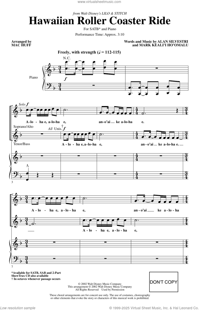 Hawaiian Roller Coaster Ride (from Lilo and Stitch) (arr. Mac Huff) sheet music for choir (SATB: soprano, alto, tenor, bass) by Alan Silvestri and Mac Huff, intermediate skill level