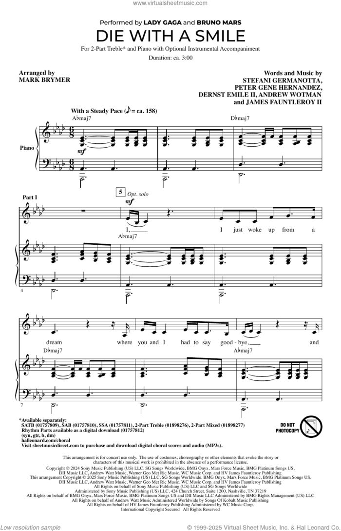 Die With A Smile (arr. Mark Brymer) sheet music for choir (2-Part Treble) by Bruno Mars & Lady Gaga, Mark Brymer, Andrew Wotman (Andrew Watt), Dernst Emile II, James Fauntleroy, Lady Gaga and Peter Gene Hernandez, intermediate skill level