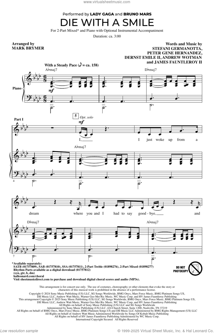 Die With A Smile (arr. Mark Brymer) sheet music for choir (2-Part Mixed) by Bruno Mars & Lady Gaga, Mark Brymer, Andrew Wotman (Andrew Watt), Dernst Emile II, James Fauntleroy, Lady Gaga and Peter Gene Hernandez, intermediate skill level