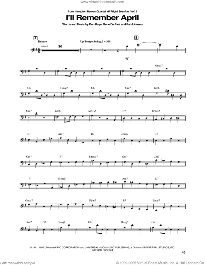 I'll Remember April sheet music for brass ensemble (transcription) by Hampton Hawes Quartet, Don Raye, Gene DePaul and Pat Johnston, intermediate skill level