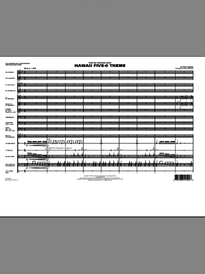 Hawaii Five-O Theme (COMPLETE) sheet music for marching band by Paul Murtha and Mort Stevens, intermediate skill level