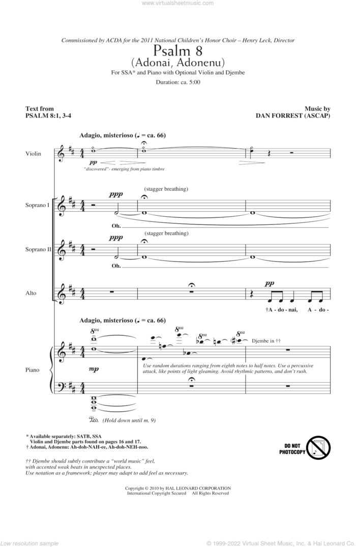 Psalm 8 (Adonai, Adonenu) sheet music for choir (SSA: soprano, alto) by Dan Forrest, Henry Leck and Miscellaneous, intermediate skill level