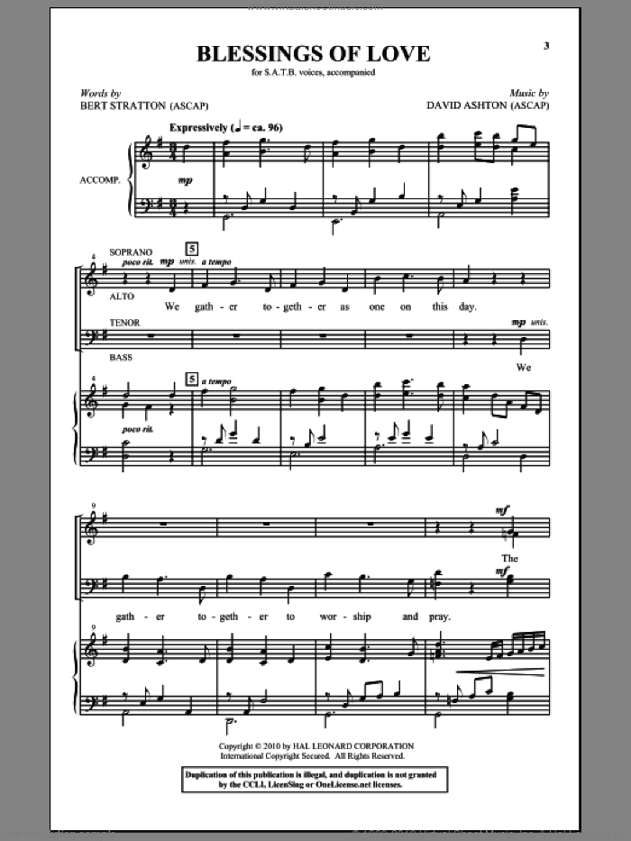 Blessings Of Love sheet music for choir (SATB: soprano, alto, tenor, bass) by David Ashton and Bert Stratton, intermediate skill level