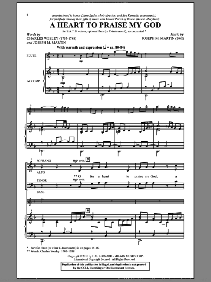 A Heart To Praise My God sheet music for choir (SATB: soprano, alto, tenor, bass) by Joseph M. Martin and Charles Wesley, intermediate skill level