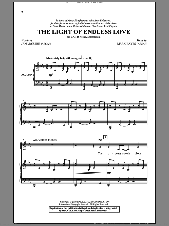The Light Of Endless Love sheet music for choir (SATB: soprano, alto, tenor, bass) by Mark Hayes and Jan McGuire, intermediate skill level