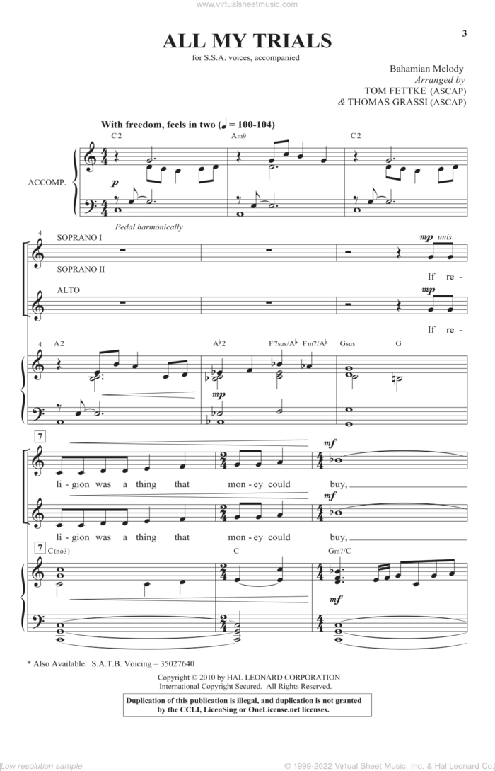All My Trials sheet music for choir (SSA: soprano, alto) by Tom Fettke, Miscellaneous and Thomas Grassi, intermediate skill level