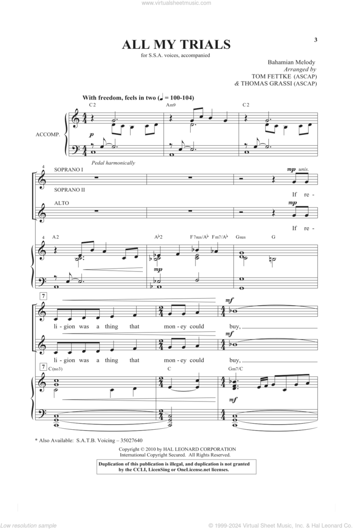 All My Trials sheet music for choir (SSA: soprano, alto) by Tom Fettke, Miscellaneous and Thomas Grassi, intermediate skill level