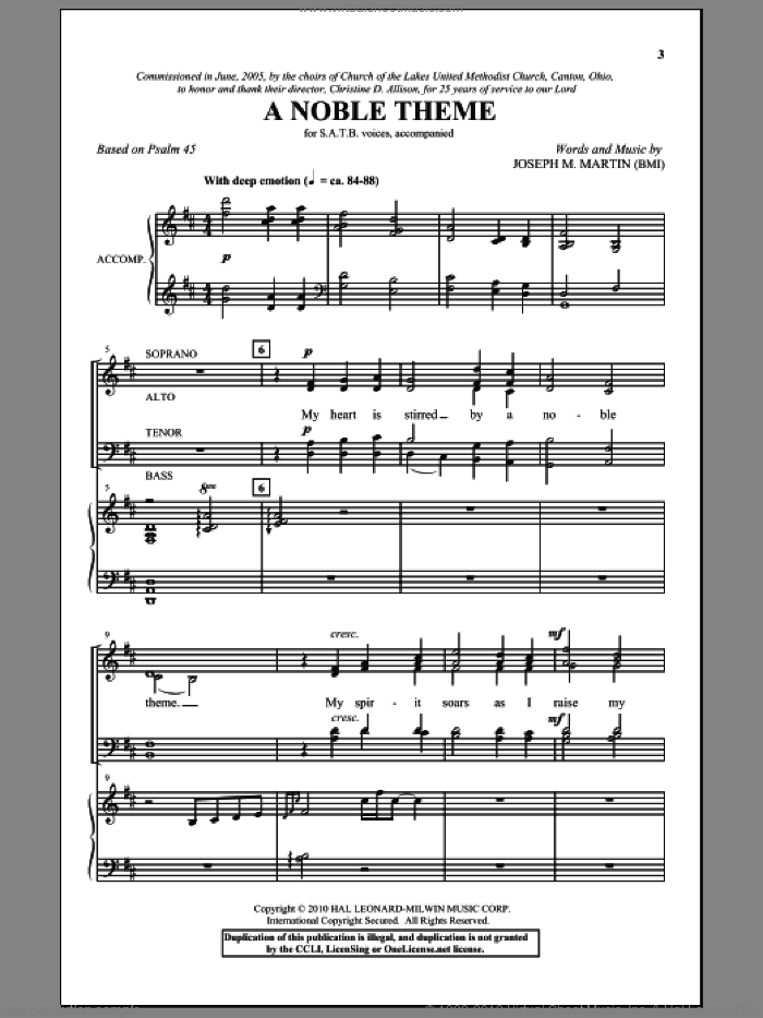 A Noble Theme sheet music for choir (SATB: soprano, alto, tenor, bass) by Joseph M. Martin and Miscellaneous, intermediate skill level