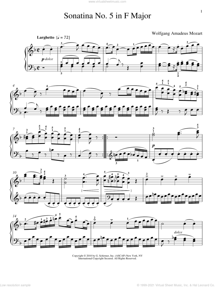 Sonatina No. 5 In F Major sheet music for piano solo by Wolfgang Amadeus Mozart and Christopher Harding, classical score, intermediate skill level