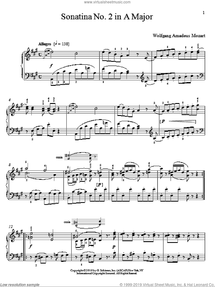 Sonatina No. 2 In A Major sheet music for piano solo by Wolfgang Amadeus Mozart and Christopher Harding, classical score, intermediate skill level
