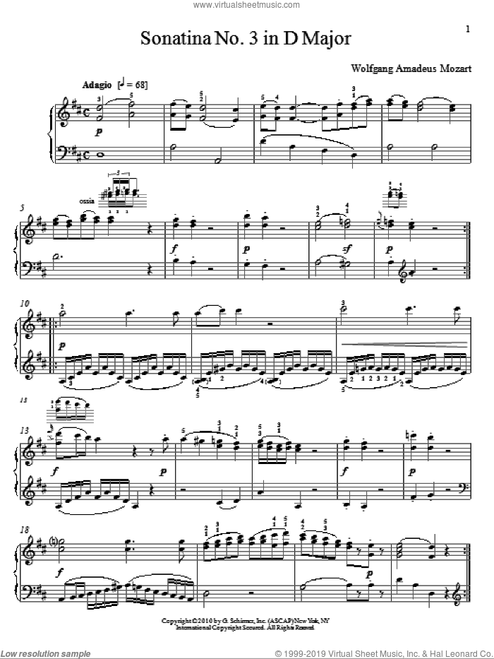 Sonatina No. 3 In D Major sheet music for piano solo by Wolfgang Amadeus Mozart and Christopher Harding, classical score, intermediate skill level