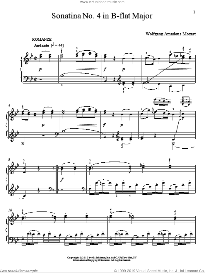 Sonatina No. 4 In B-Flat Major sheet music for piano solo by Wolfgang Amadeus Mozart and Christopher Harding, classical score, intermediate skill level