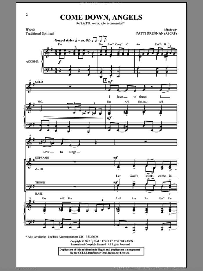 Come Down, Angels sheet music for choir (SATB: soprano, alto, tenor, bass) by Patti Drennan and Miscellaneous, intermediate skill level