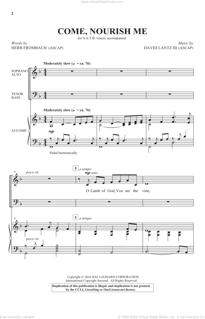 Come Nourish Me sheet music for choir (SATB: soprano, alto, tenor, bass) by David Lantz and Herb Frombach, intermediate skill level