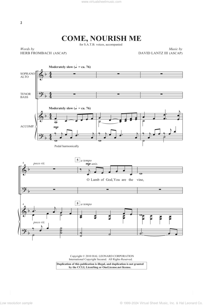 Come Nourish Me sheet music for choir (SATB: soprano, alto, tenor, bass) by David Lantz and Herb Frombach, intermediate skill level