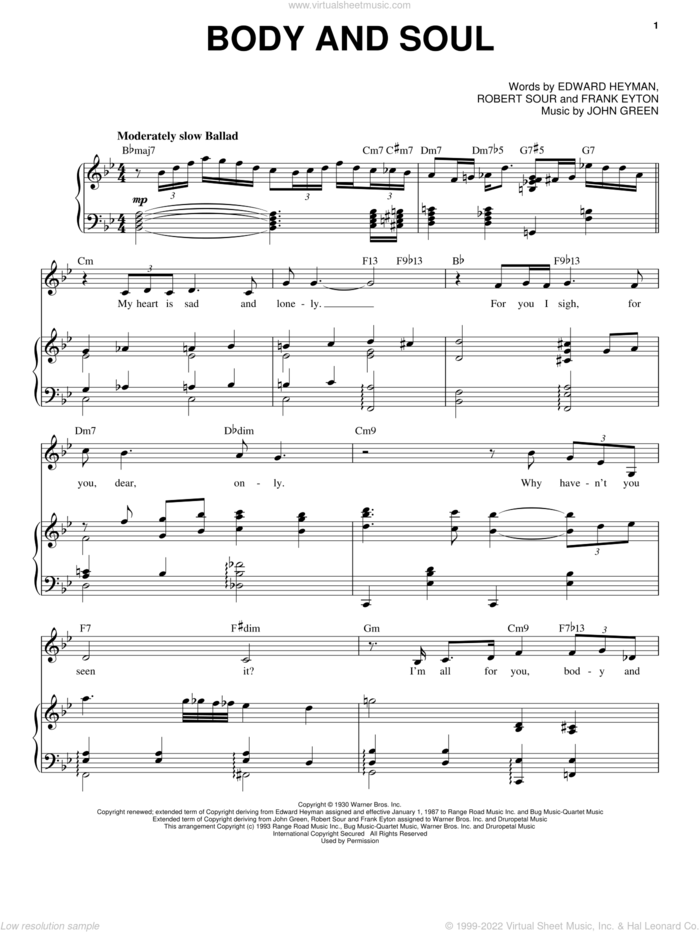 Body And Soul sheet music for voice and piano by Frank Sinatra, Come Fly Away (Musical), Edward Heyman, Frank Eyton, Johnny Green and Robert Sour, intermediate skill level