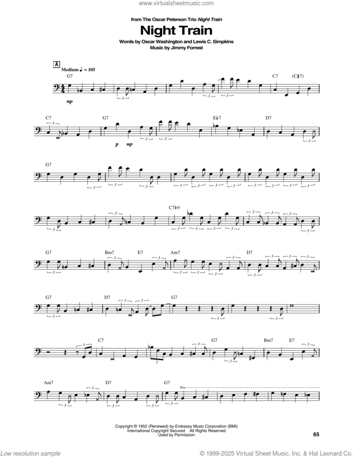 Night Train sheet music for brass ensemble (transcription) by The Oscar Peterson Trio, Jimmy Forrest, Lewis C. Simpkins and Oscar Washington, intermediate skill level