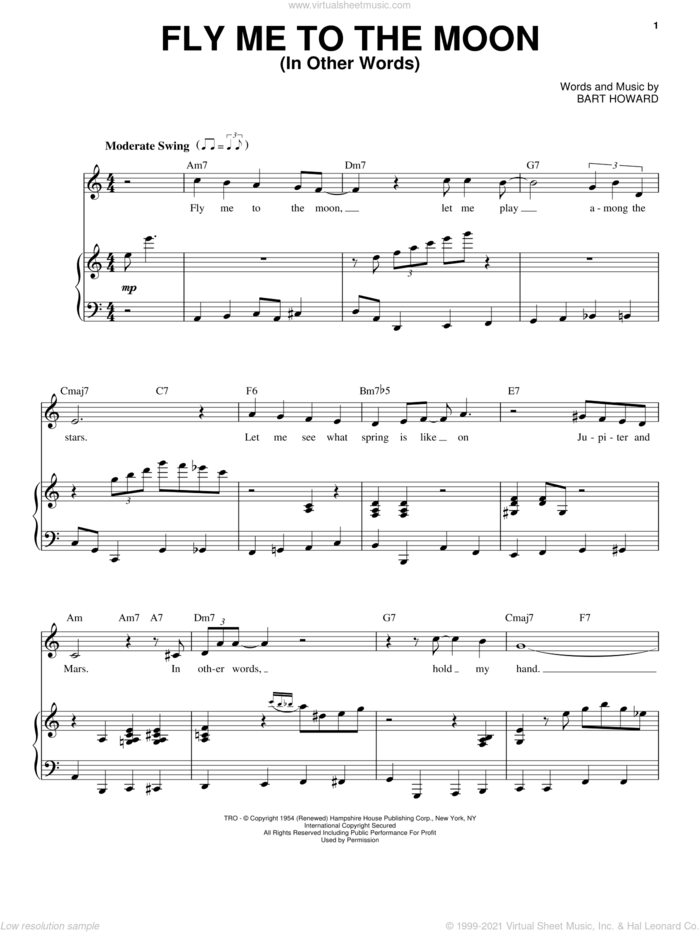 Fly Me To The Moon (In Other Words) sheet music for voice and piano by Frank Sinatra, Come Fly Away (Musical), Tony Bennett and Bart Howard, wedding score, intermediate skill level