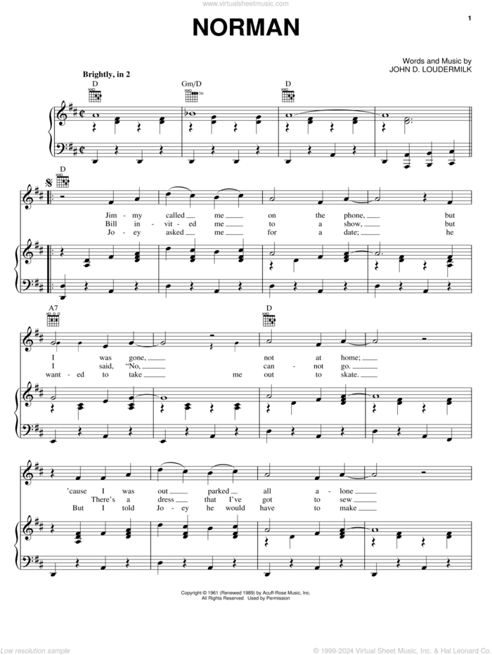 Norman sheet music for voice, piano or guitar by Sue Thompson and John D. Loudermilk, intermediate skill level