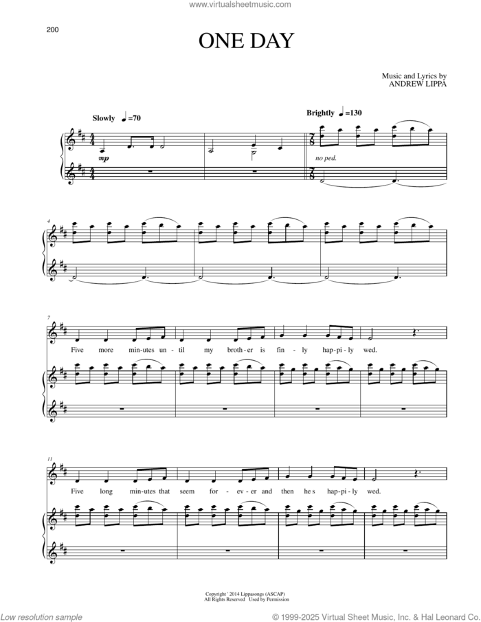 One Day sheet music for voice and piano by Andrew Lippa, intermediate skill level