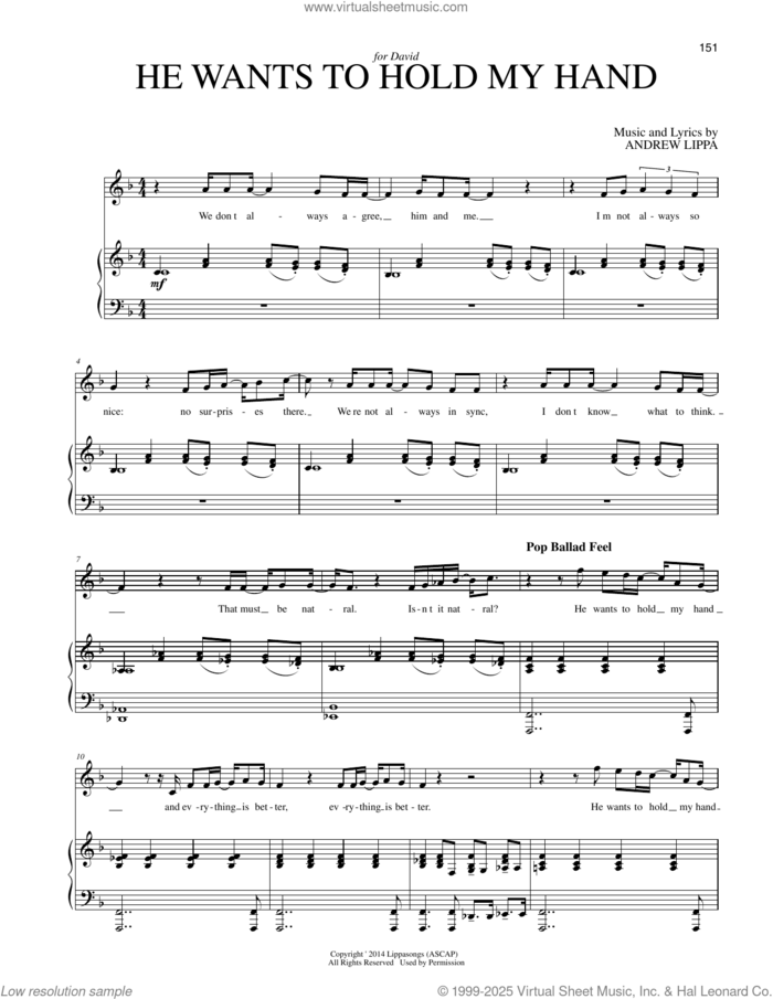 He Wants To Hold My Hand sheet music for voice and piano by Andrew Lippa, intermediate skill level