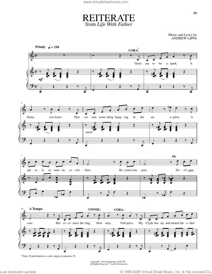 Reiterate (from Life With Father) sheet music for voice and piano by Andrew Lippa, intermediate skill level