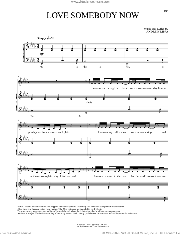 Love Somebody Now sheet music for voice and piano by Andrew Lippa, intermediate skill level