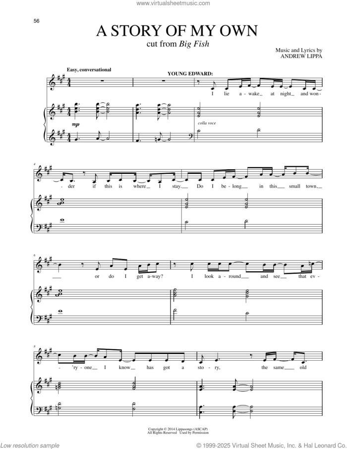 A Story Of My Own (from Big Fish) sheet music for voice and piano (Baritone) by Andrew Lippa and John August, intermediate skill level