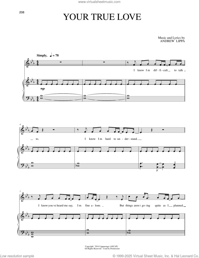 Your True Love sheet music for voice and piano by Andrew Lippa, intermediate skill level
