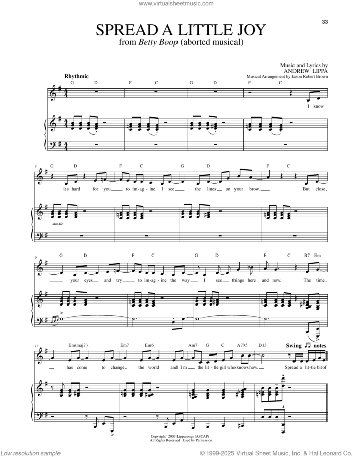 Spread A Little Joy (from Betty Boop) sheet music for voice and piano by Andrew Lippa and Jason Robert Brown (arr.), intermediate skill level