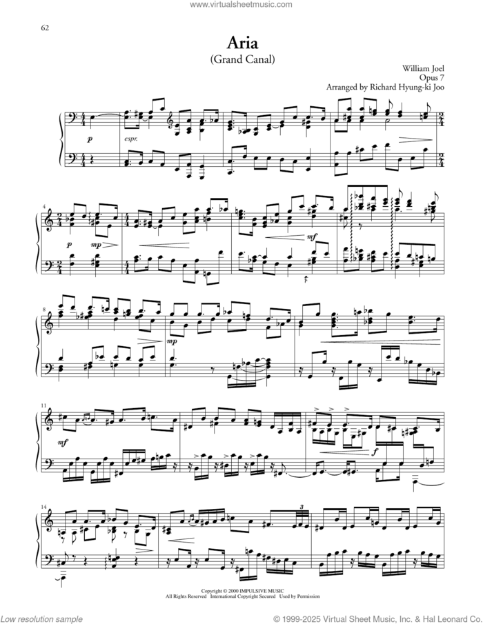 Aria (Grand Canal) sheet music for piano solo by Billy Joel, Richard Hyung-ki Joo (arr.) and William Joel, classical score, intermediate skill level