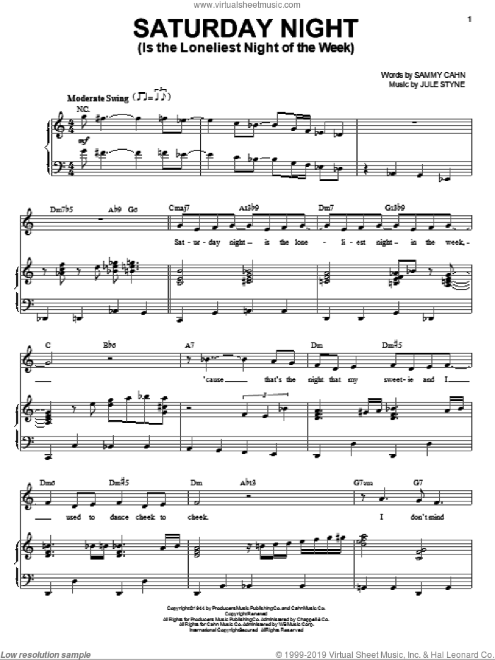 Saturday Night (Is The Loneliest Night Of The Week) sheet music for voice and piano by Frank Sinatra, Come Fly Away (Musical), Jule Styne and Sammy Cahn, intermediate skill level