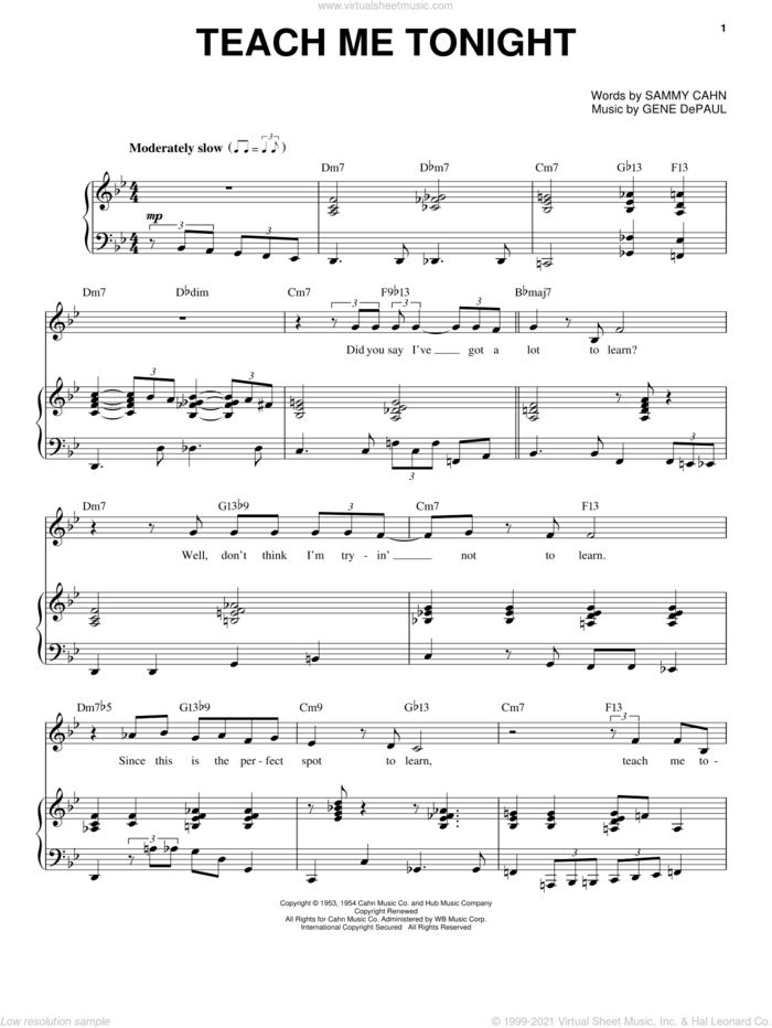 Teach Me Tonight sheet music for voice and piano by Frank Sinatra, Come Fly Away (Musical), Gene DePaul and Sammy Cahn, intermediate skill level