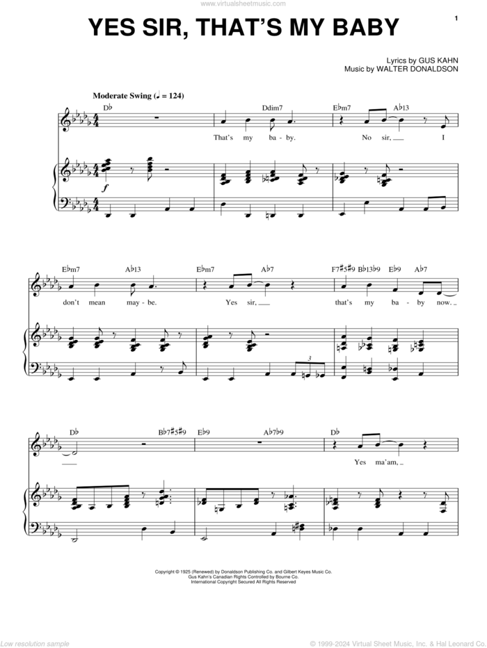 Yes Sir, That's My Baby sheet music for voice and piano by Frank Sinatra, Come Fly Away (Musical), Gus Kahn and Walter Donaldson, intermediate skill level