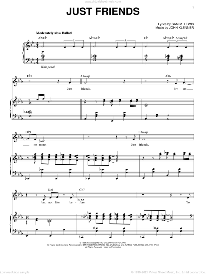 Just Friends sheet music for voice and piano by Frank Sinatra, Come Fly Away (Musical), John Klenner and Sam Lewis, intermediate skill level