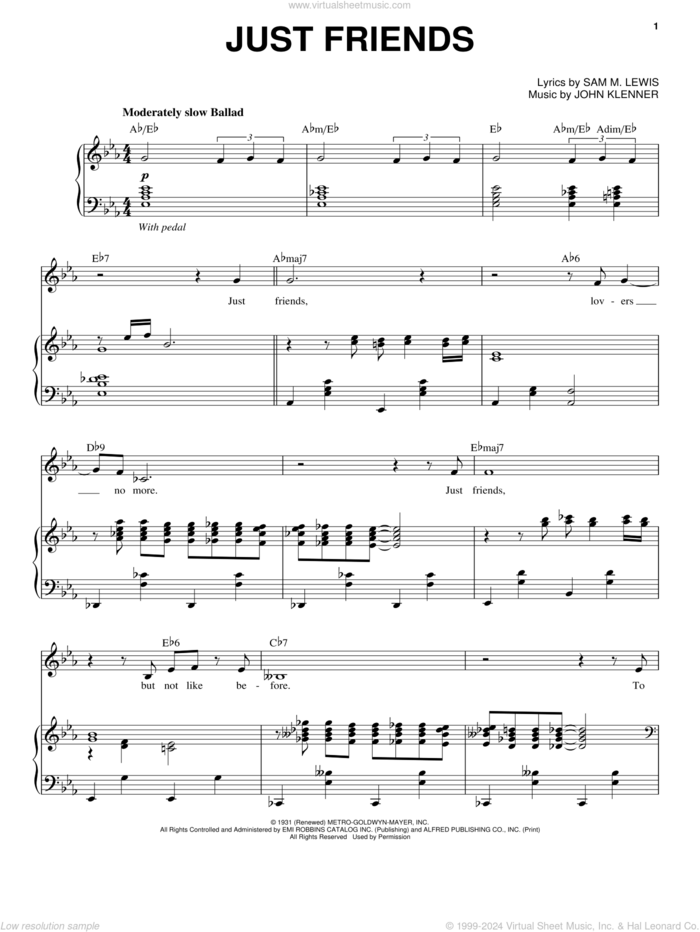 Just Friends sheet music for voice and piano by Frank Sinatra, Come Fly Away (Musical), John Klenner and Sam Lewis, intermediate skill level