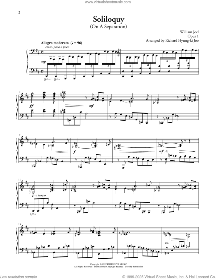Soliloquy (On A Separation) sheet music for piano solo by Billy Joel, Richard Hyung-ki Joo (arr.) and William Joel, classical score, intermediate skill level