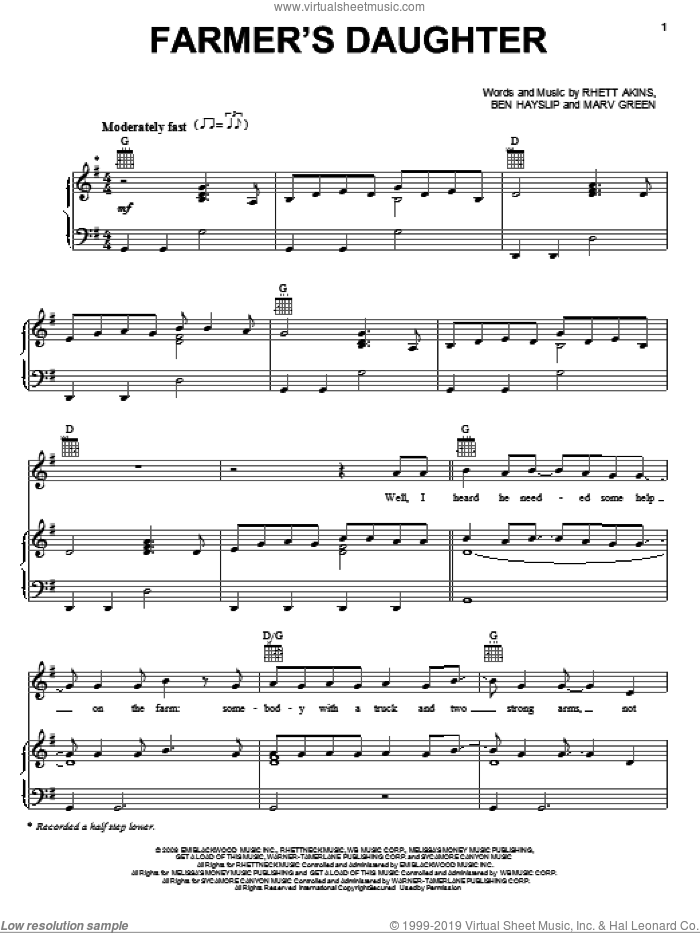 Farmer's Daughter sheet music for voice, piano or guitar by Rodney Atkins, Ben Hayslip, Marv Green and Rhett Akins, intermediate skill level