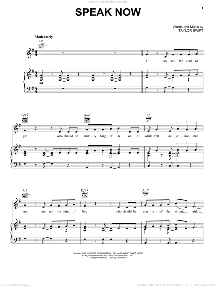 Speak Now sheet music for voice, piano or guitar by Taylor Swift, intermediate skill level