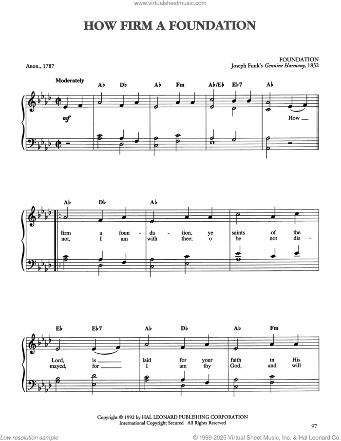 How Firm a Foundation sheet music for piano solo by John Rippon and Joseph Funk, classical score, easy skill level