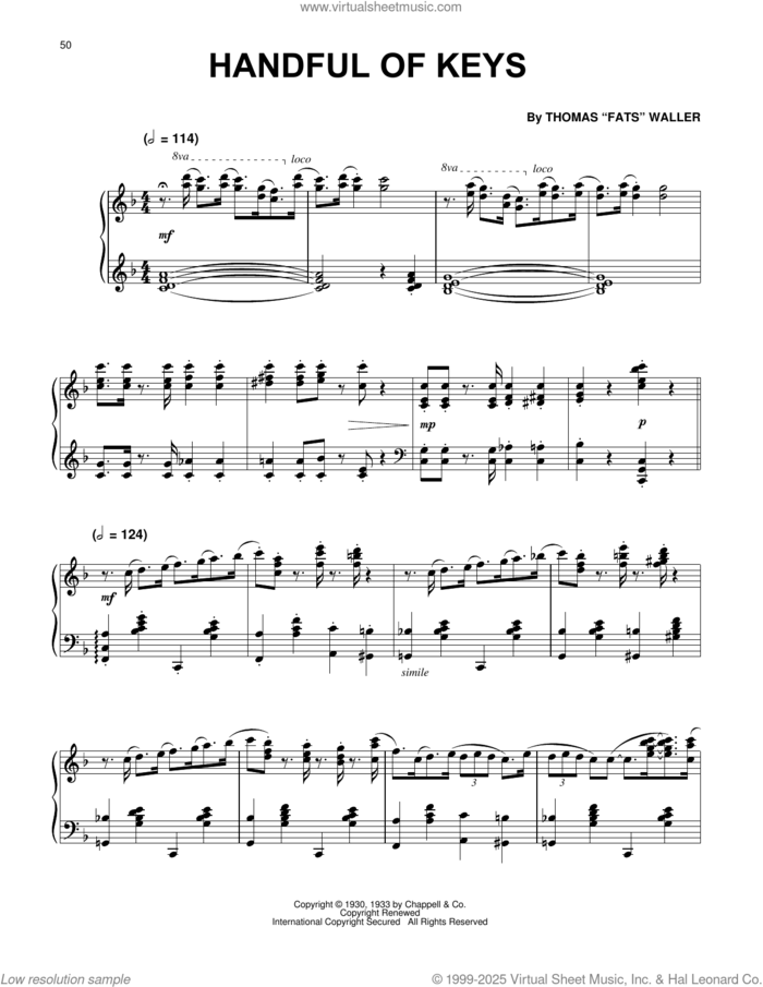 Handful Of Keys sheet music for piano solo by Fats Waller, Paul Posnak and Thomas Waller, intermediate skill level