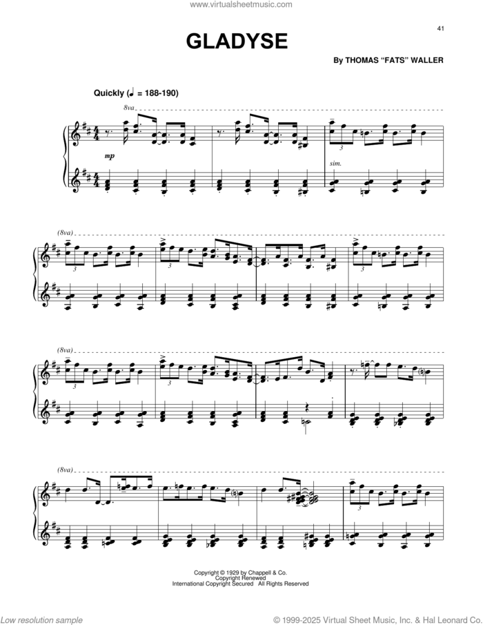 Gladyse sheet music for piano solo by Fats Waller, Paul Posnak and Thomas Waller, intermediate skill level