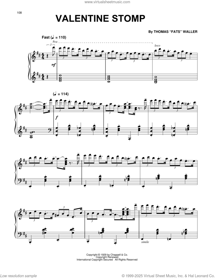 Valentine Stomp sheet music for piano solo by Fats Waller, Paul Posnak and Thomas Waller, intermediate skill level