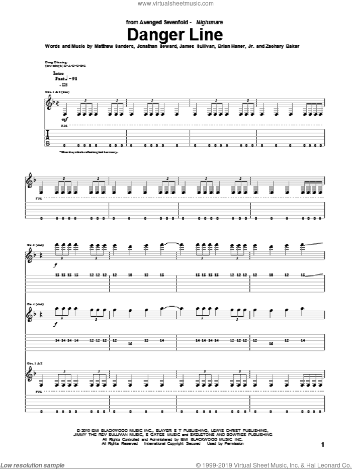 Danger Line sheet music for guitar (tablature) by Avenged Sevenfold, Brian Haner, Jr., James Sullivan, Jonathan Seward, Matthew Sanders and Zachary Baker, intermediate skill level