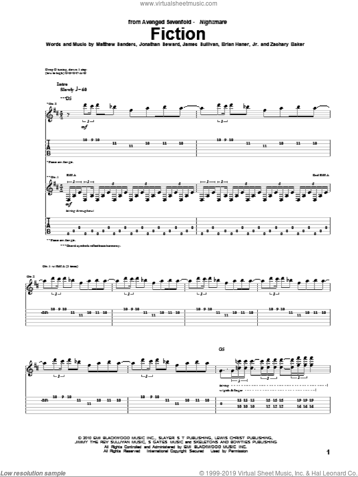 Fiction sheet music for guitar (tablature) by Avenged Sevenfold, Brian Haner, Jr., James Sullivan, Jonathan Seward, Matthew Sanders and Zachary Baker, intermediate skill level