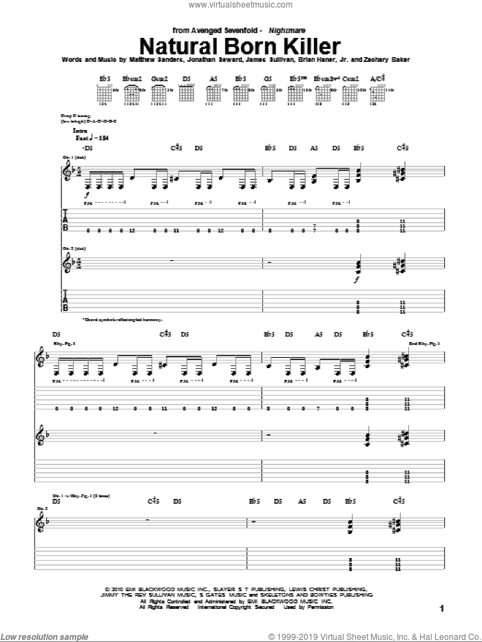 Natural Born Killer sheet music for guitar (tablature) by Avenged Sevenfold, Brian Haner, Jr., James Sullivan, Jonathan Seward, Matthew Sanders and Zachary Baker, intermediate skill level