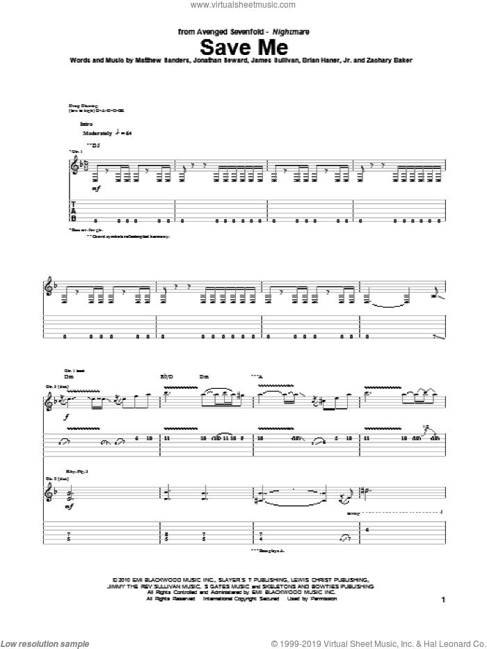 Save Me sheet music for guitar (tablature) by Avenged Sevenfold, Brian Haner, Jr., James Sullivan, Jonathan Seward, Matthew Sanders and Zachary Baker, intermediate skill level