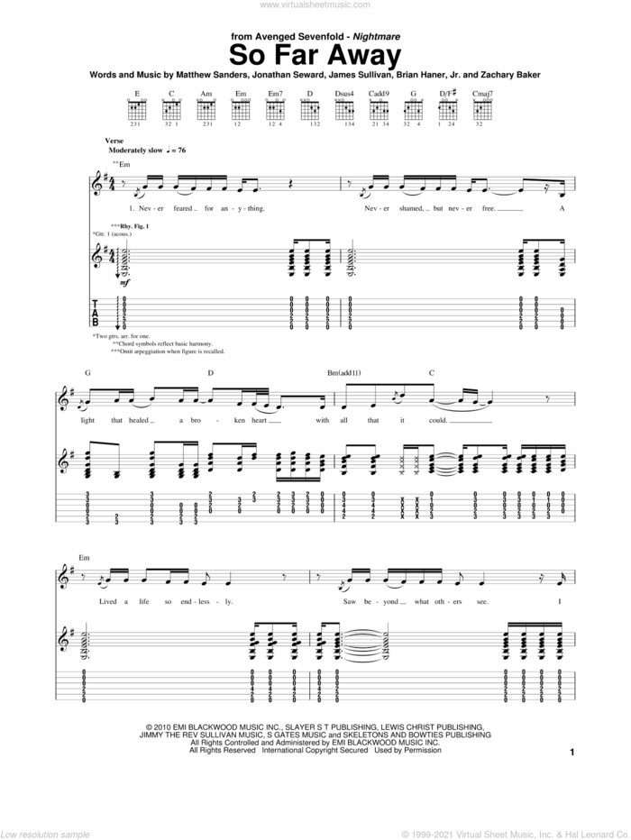 So Far Away sheet music for guitar (tablature) by Avenged Sevenfold, Brian Haner, Jr., James Sullivan, Jonathan Seward, Matthew Sanders and Zachary Baker, intermediate skill level