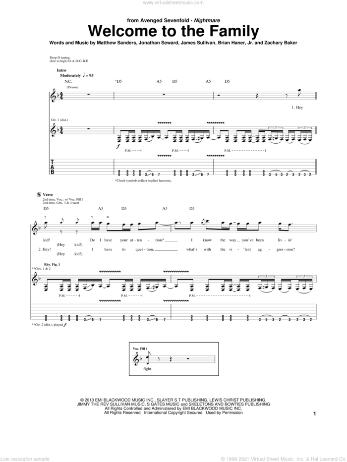 Welcome To The Family sheet music for guitar (tablature) by Avenged Sevenfold, Brian Haner, Jr., James Sullivan, Jonathan Seward, Matthew Sanders and Zachary Baker, intermediate skill level