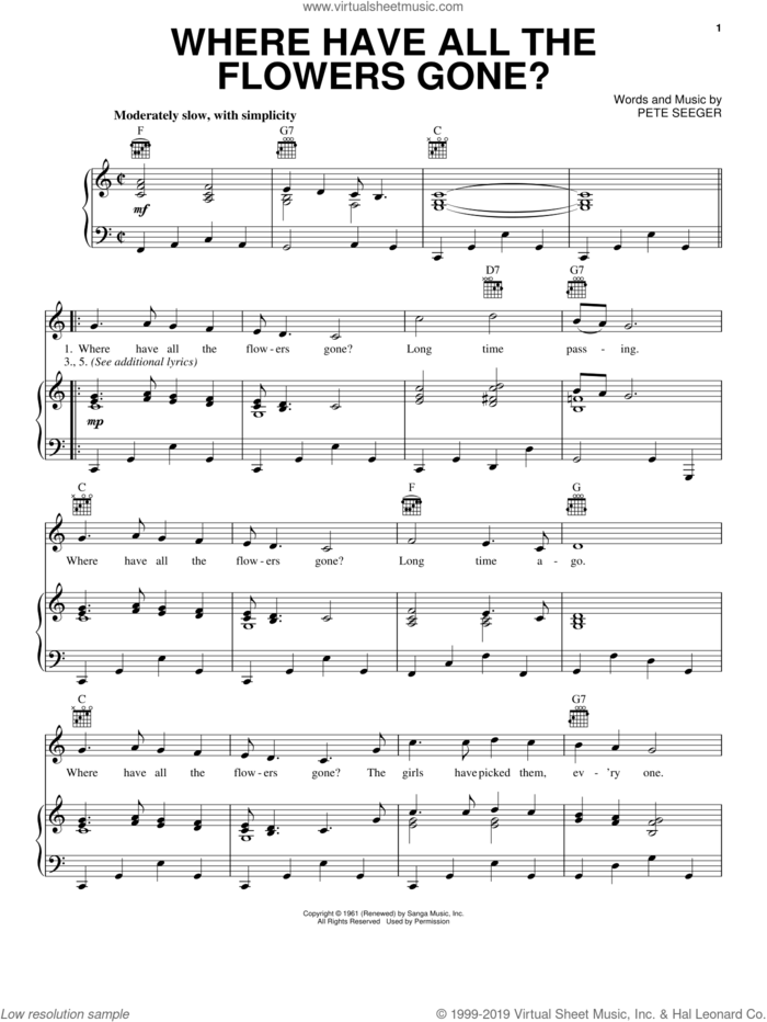 Where Have All The Flowers Gone? sheet music for voice, piano or guitar by The Kingston Trio and Pete Seeger, intermediate skill level